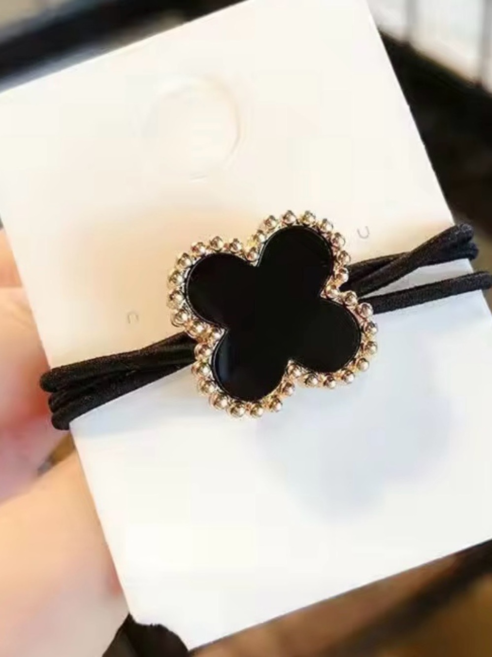 Macy's Black Clover Hair Tie with Gold Beaded Trim